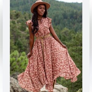 Joyfolie Boho Floral Midi Dress – Rust Red & Cream – Size M